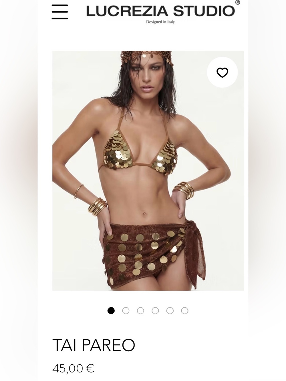 Lucrezia Studio Gold Sequin Triangle Bikini Top with Brown Pareo